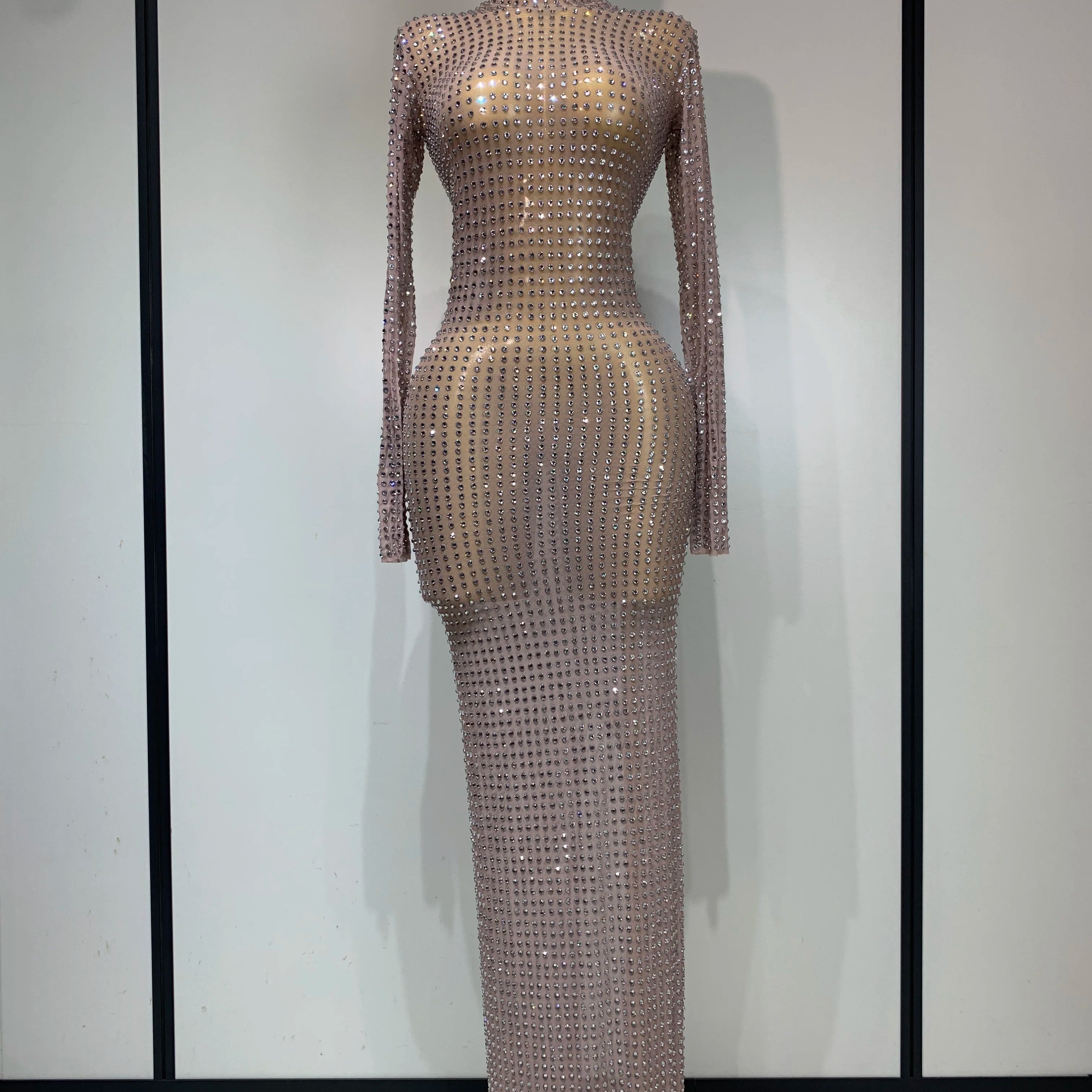 Sparkly Rhinestone Elegant Party Long Dress Celebrity Evening Luxury Birthday Nightclub Prom Gown Singer Dancer Stage Outfit GRAY