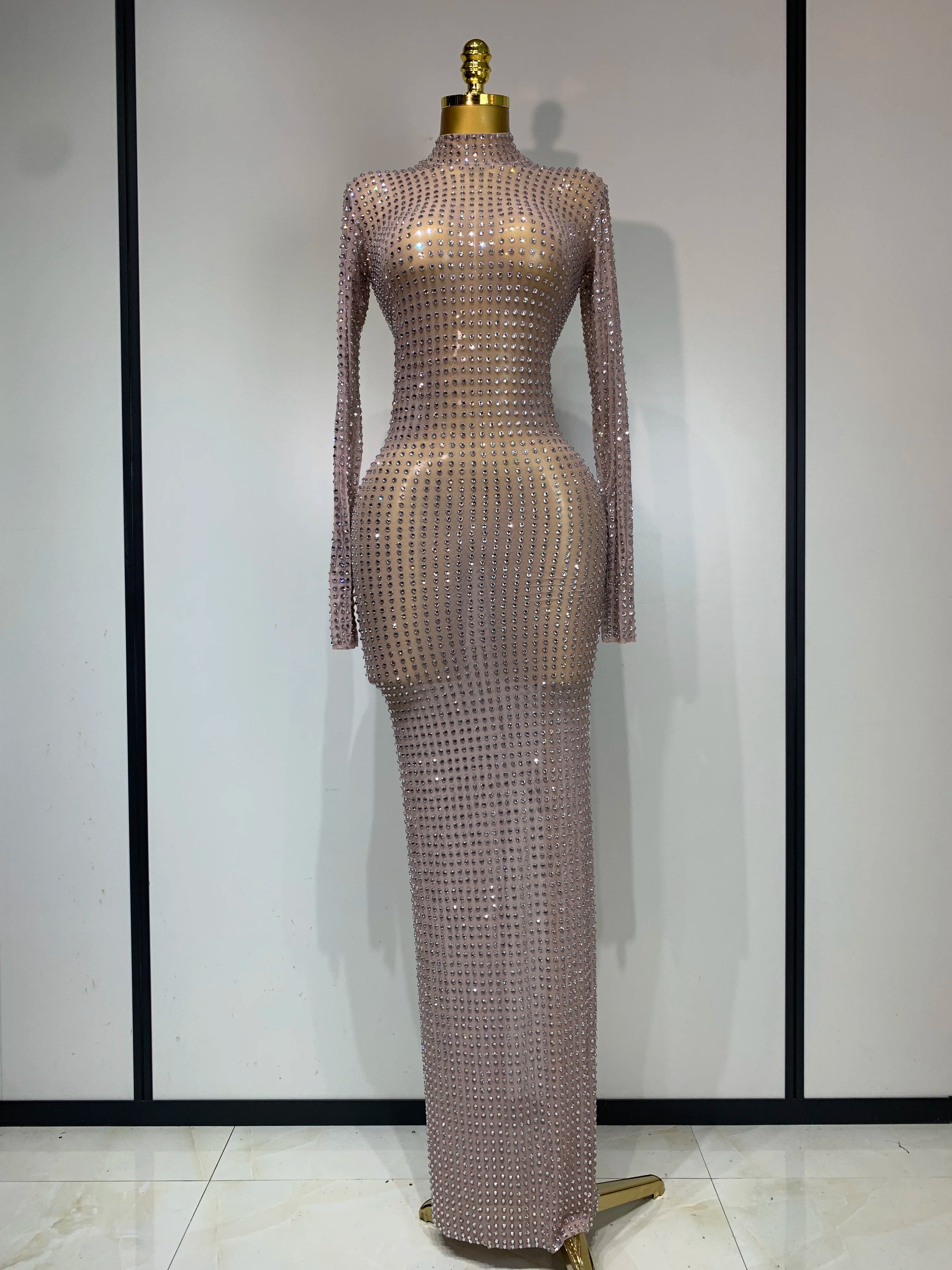 Sparkly Rhinestone Elegant Party Long Dress Celebrity Evening Luxury Birthday Nightclub Prom Gown Singer Dancer Stage Outfit GRAY