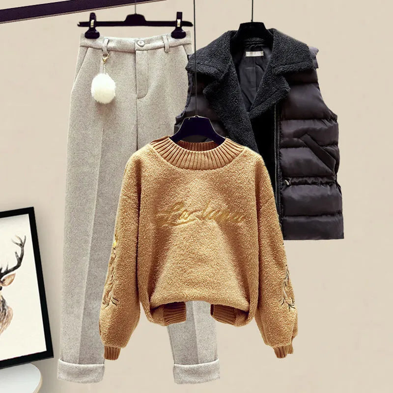 Winter Warm 3 Piece Set Suit Women Knitted Letter Pullover Sweater Sweatpants Lamb Wool Vest Tracksuit Female Outfit Outerwear Set 6