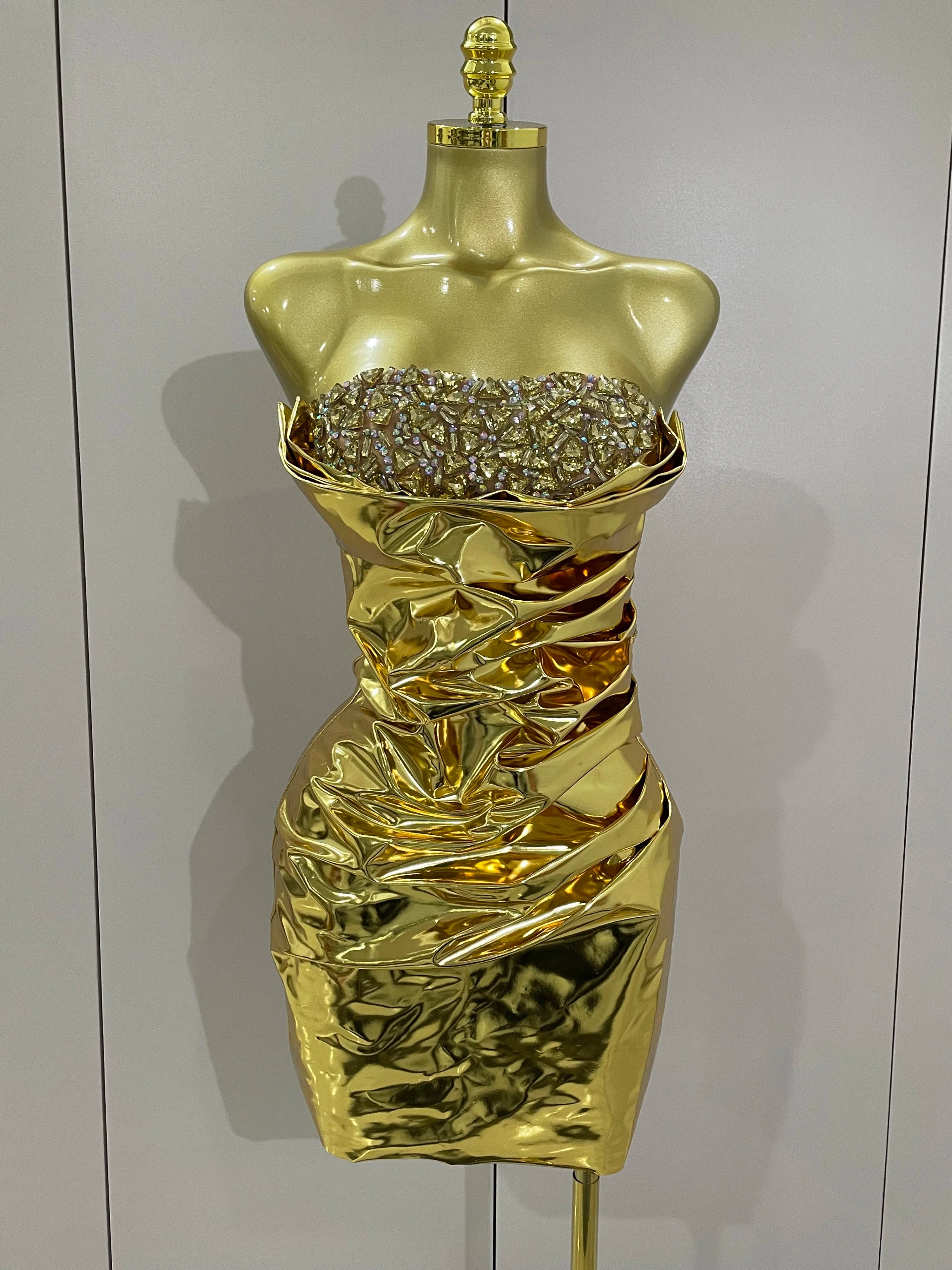 2025 New Sparkly Diamonds Crystal Sexy Mesh See Through Bodycon Mini Dress Women Birthday Party Celebrate Performance Costume Gold