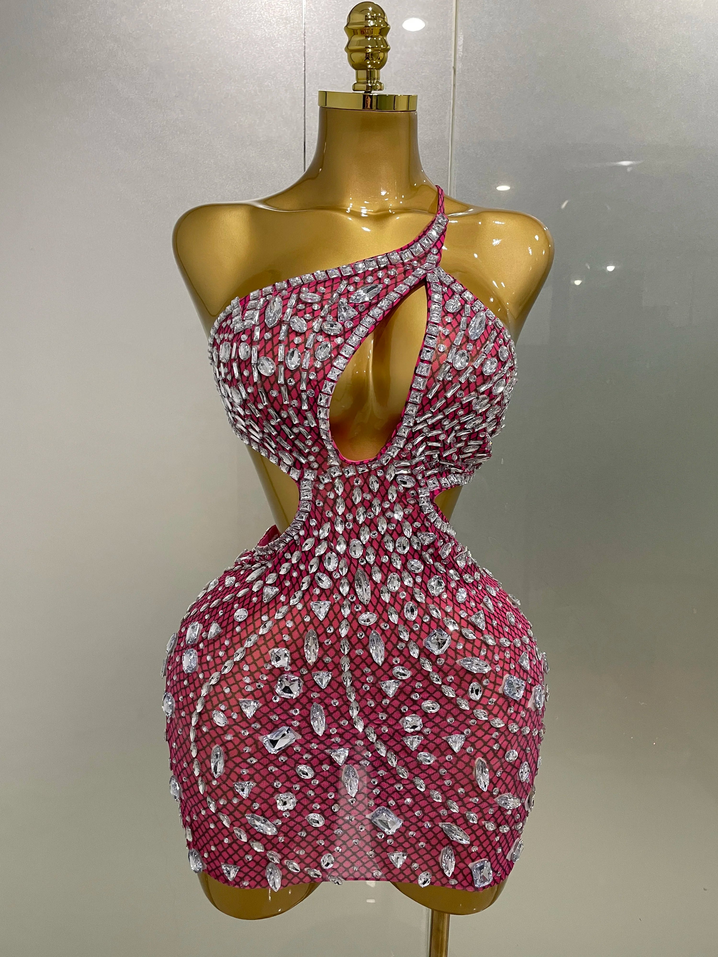2025 Luxury Sexy Backless Hollow Out Sparkle Diamond Evening Prom Women Birthday Celebrate Stage Nightclub Outfit Rose Red