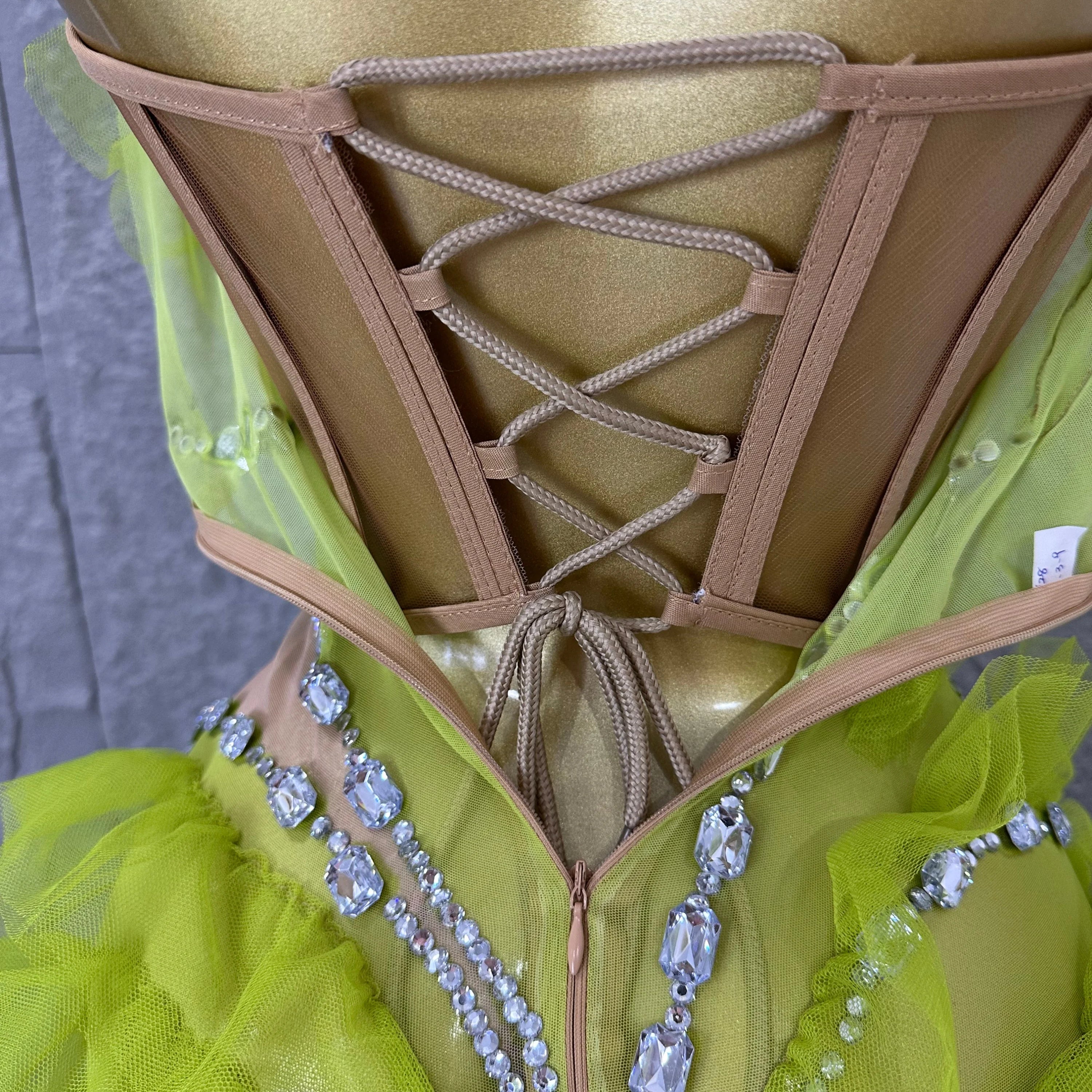 Luxury Green Sheer Mesh Ruffle Dress Neck Crystal Rhinestone Trim Cut Out Slim Fit Evening Wedding Guest Cocktail Party Dress