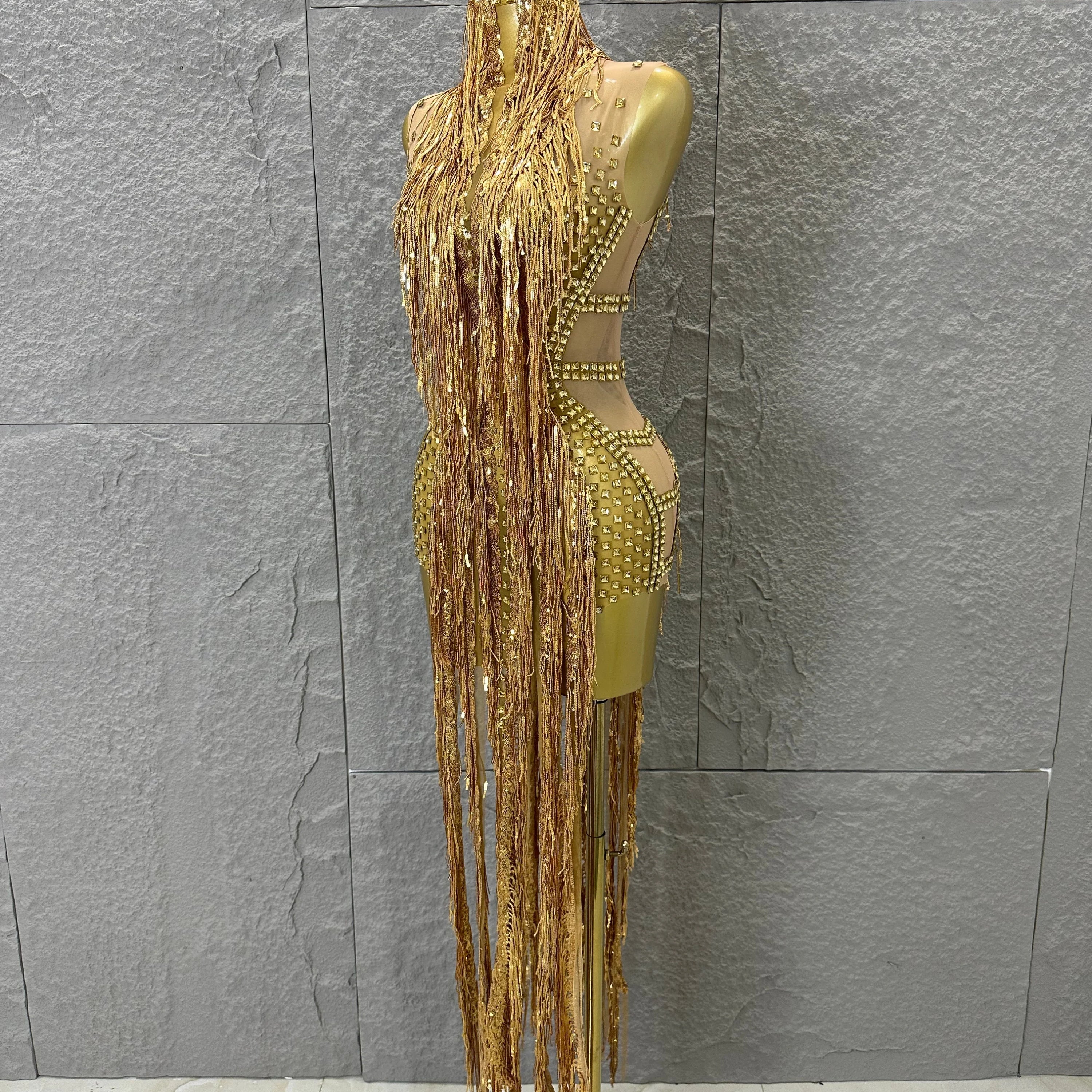 Opulent Gold Halter Neck Mini Dress Women Sexy Crystal Embellished Fringe Trim Form-Fitting Outfit Formal Event Party Costume