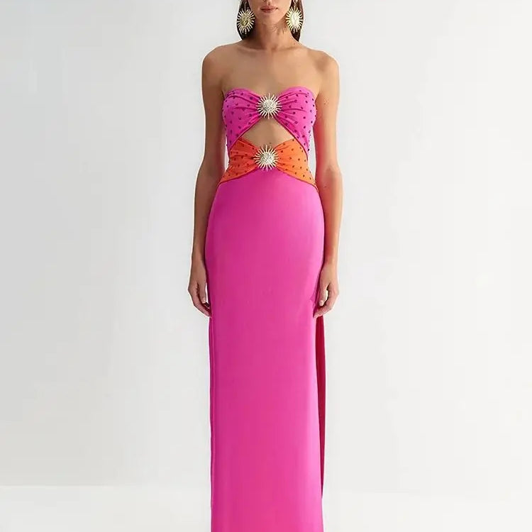 Ailigou New Summer Women's Sexy Strapless Hollow Diamond Tight Long High Split Bandage Dress Elegant Celebrity Party Dress