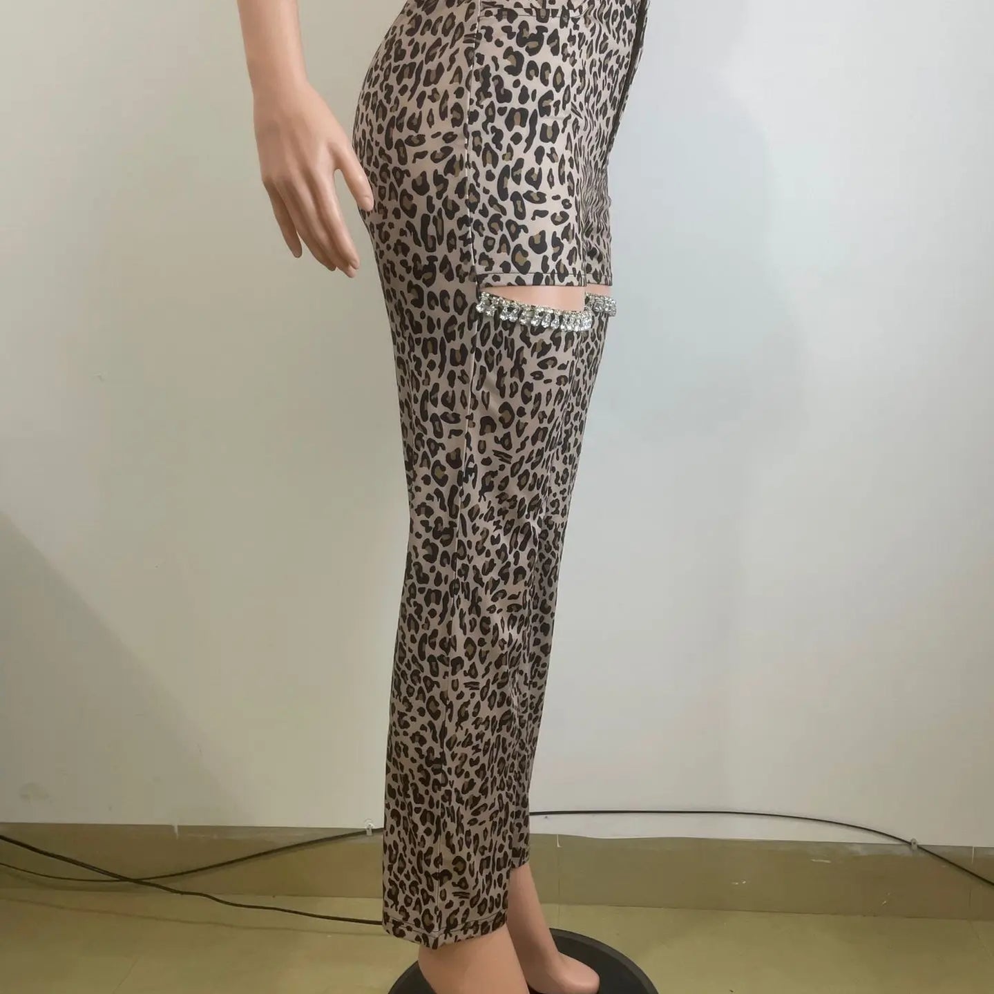 Women Cutout Diamonds Crystal Hollow Out Straight Pants 2024 Fall Winter Leopard Print High Waist Wide Leg Trousers