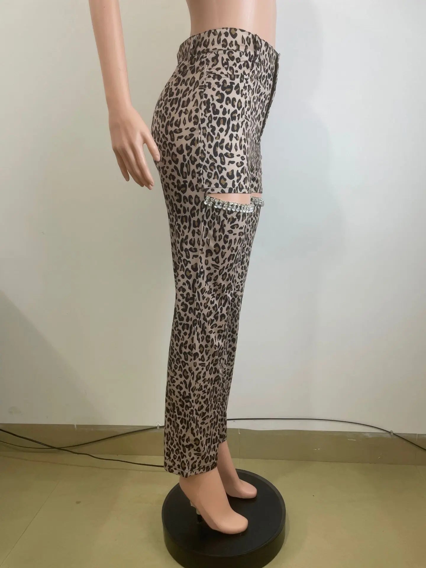 Women Cutout Diamonds Crystal Hollow Out Straight Pants 2024 Fall Winter Leopard Print High Waist Wide Leg Trousers