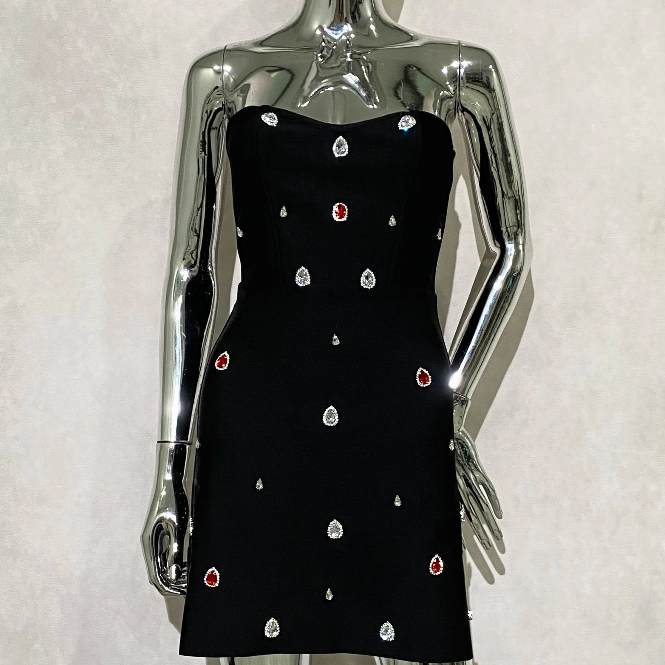 2025 New Shining Colorful Diamonds Strapless Black Bandage Mini Dress Fashion Woman Party Vestido Celebrity Birthday Outfit