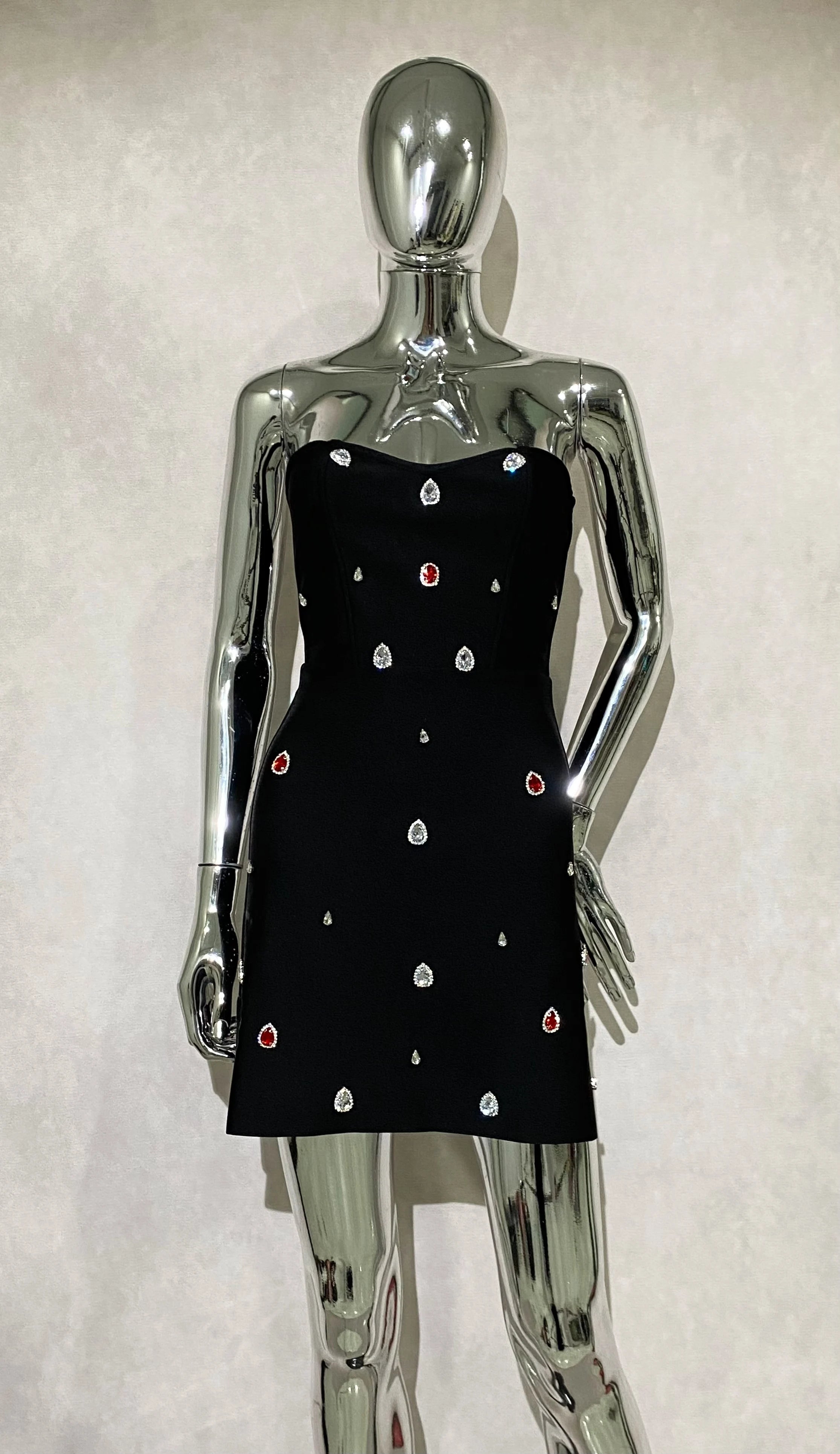 2025 New Shining Colorful Diamonds Strapless Black Bandage Mini Dress Fashion Woman Party Vestido Celebrity Birthday Outfit