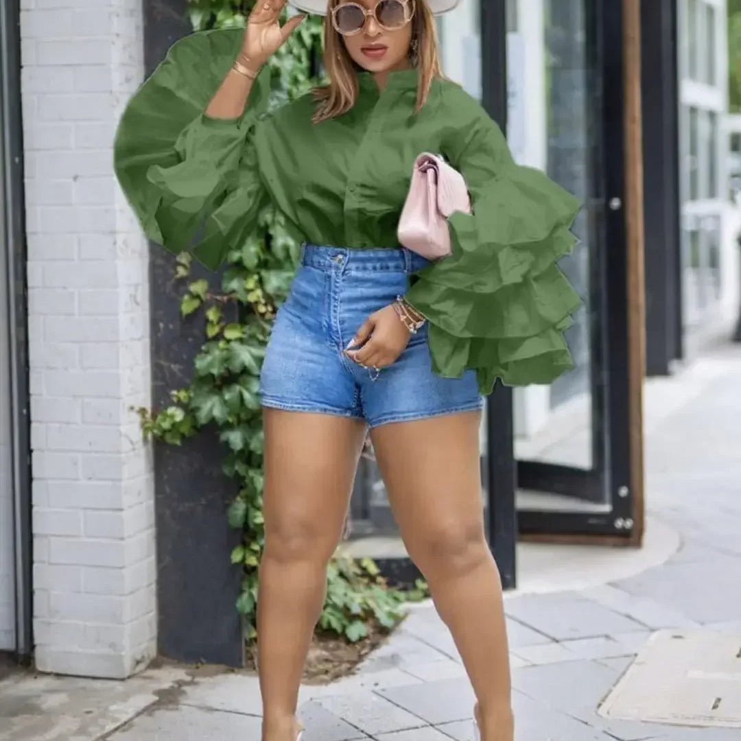 Women Shirts Solid Full Ruffles Sleeve Turn-down Collar Single Breasted Loose Shirts Office Lady Streetwear Summer Tops