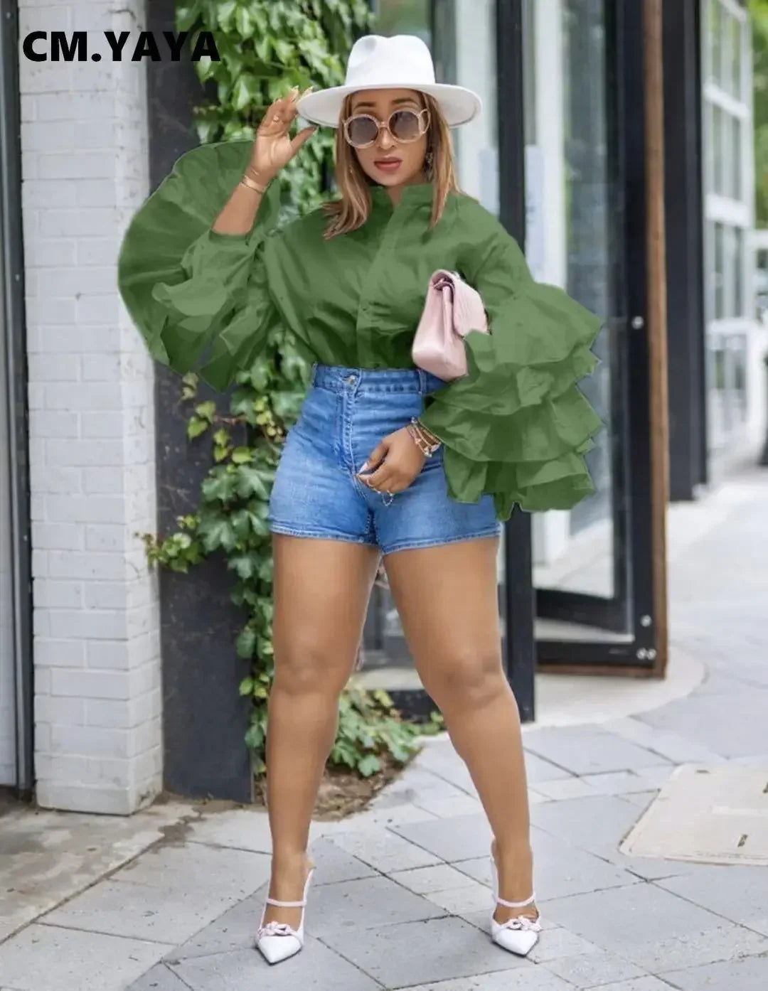 Women Shirts Solid Full Ruffles Sleeve Turn-down Collar Single Breasted Loose Shirts Office Lady Streetwear Summer Tops