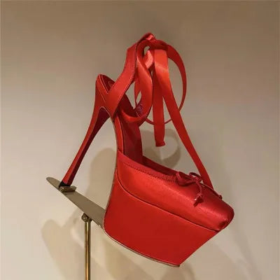 Women Lace-Up High Heeled Shoes for Woman's Square Toe Thin Heels Platform Pumps Mujer Pleated Slingback Wedding Luxury Sandals red