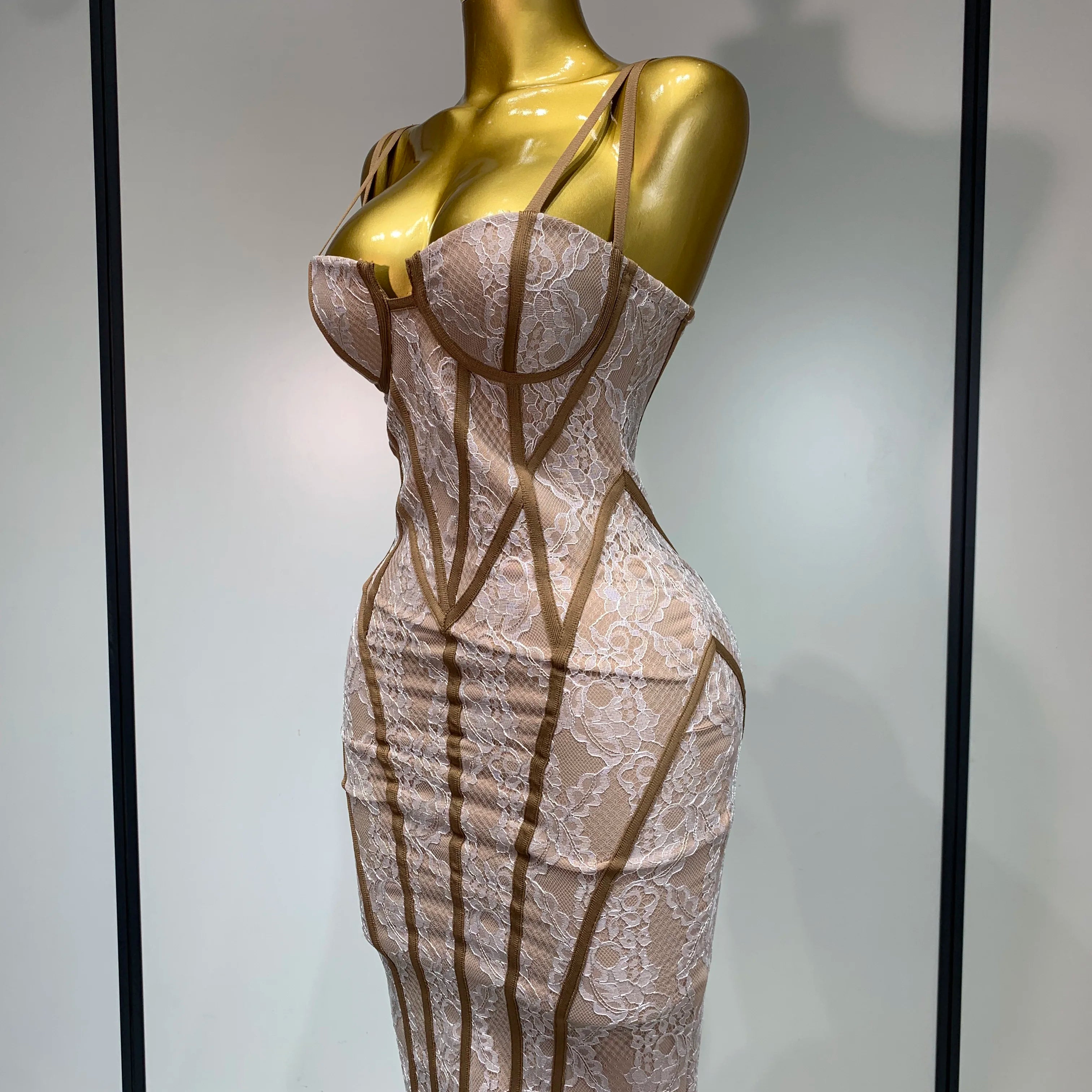 Luxury Birthday Dress Women 2025 Khaki Spaghetti Strap Lace Sexy Bodycon Celebrity Elegant Cocktail Club Party Bandage Dress