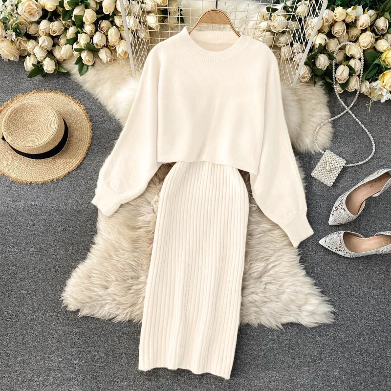 Sweater Set Casual Pullovers Suits Slip Dress For Women Slim Solid Autumn Winter Knitted Long Sleeve Elegance Elastic Sweet B Beige