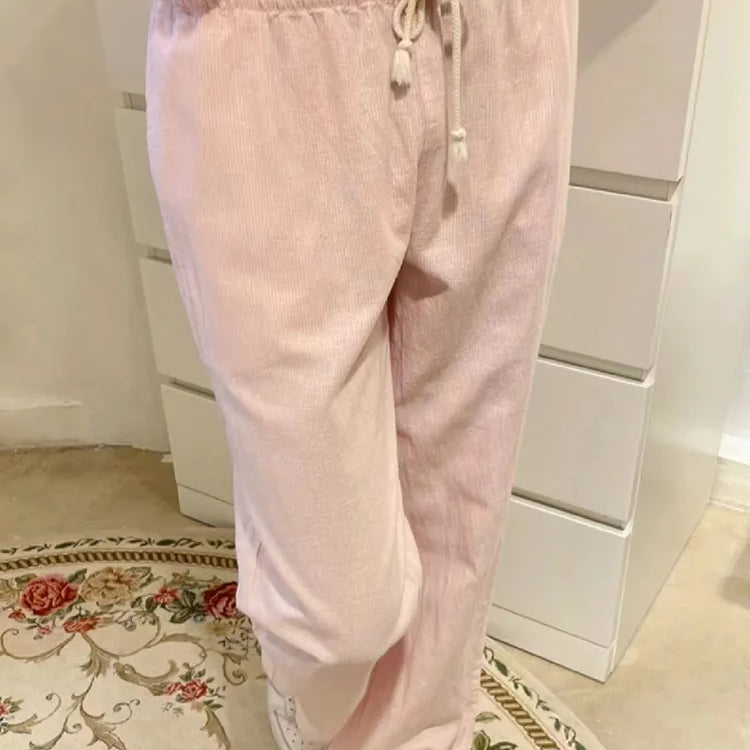 Retro Pink Striped Drawstring Sport Pants Women Autumn High Waist Linen Casual Wide Leg Pants Y2k Streetwear Loose Trousers Chic