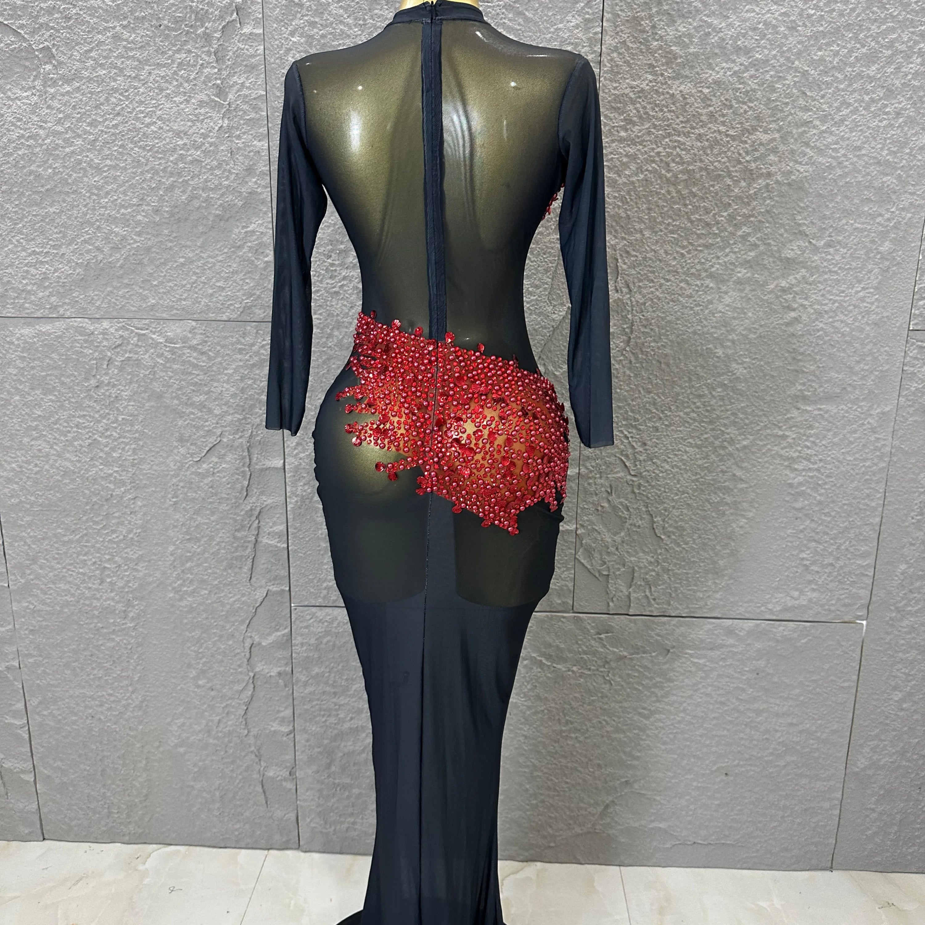 Sexy 2026 Black Sheer Mesh Maxi Dress Women Long Sleeve High Neck Red Rhinestone Embellished Bodycon Stage Costume