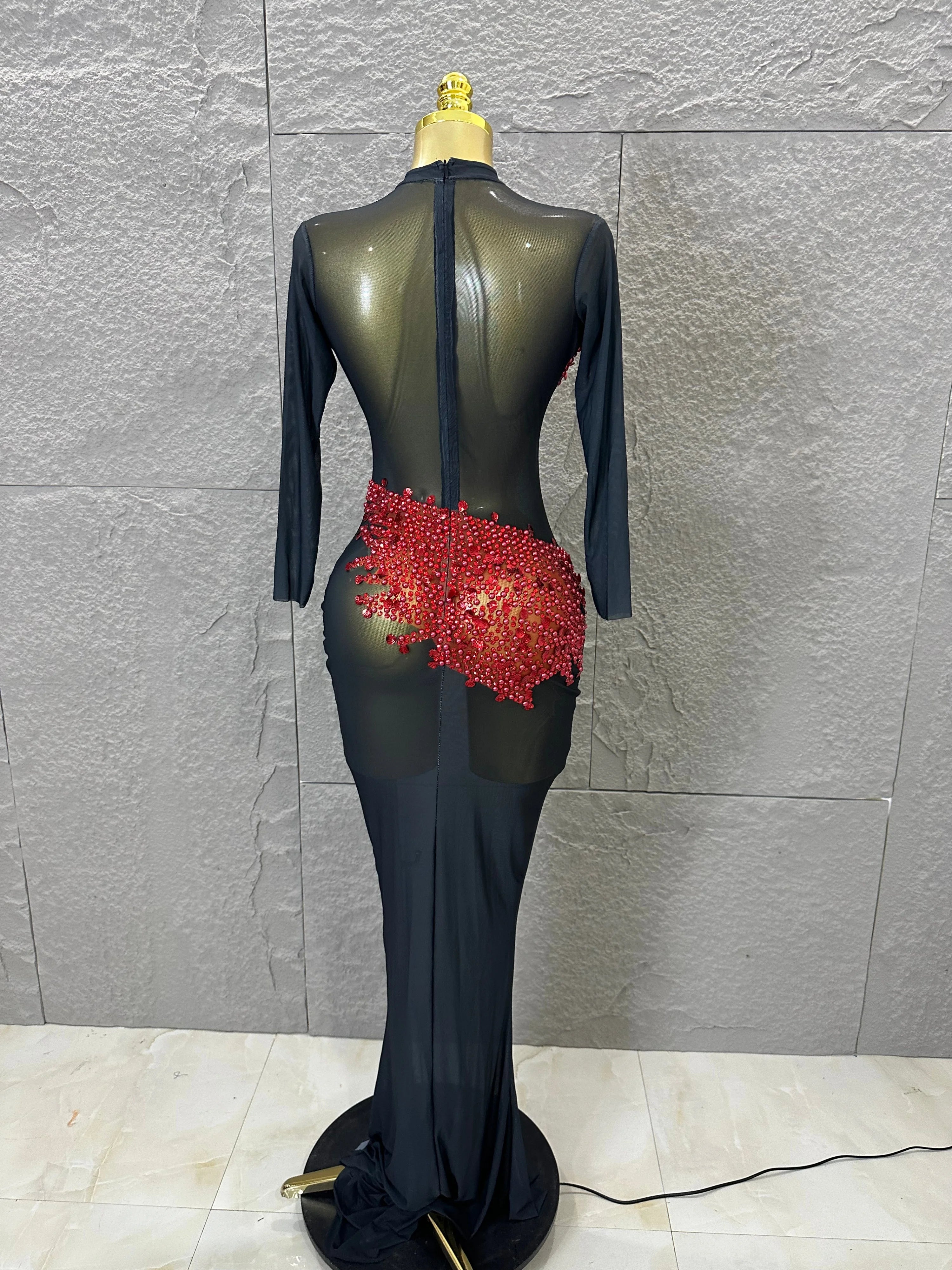 Sexy 2026 Black Sheer Mesh Maxi Dress Women Long Sleeve High Neck Red Rhinestone Embellished Bodycon Stage Costume