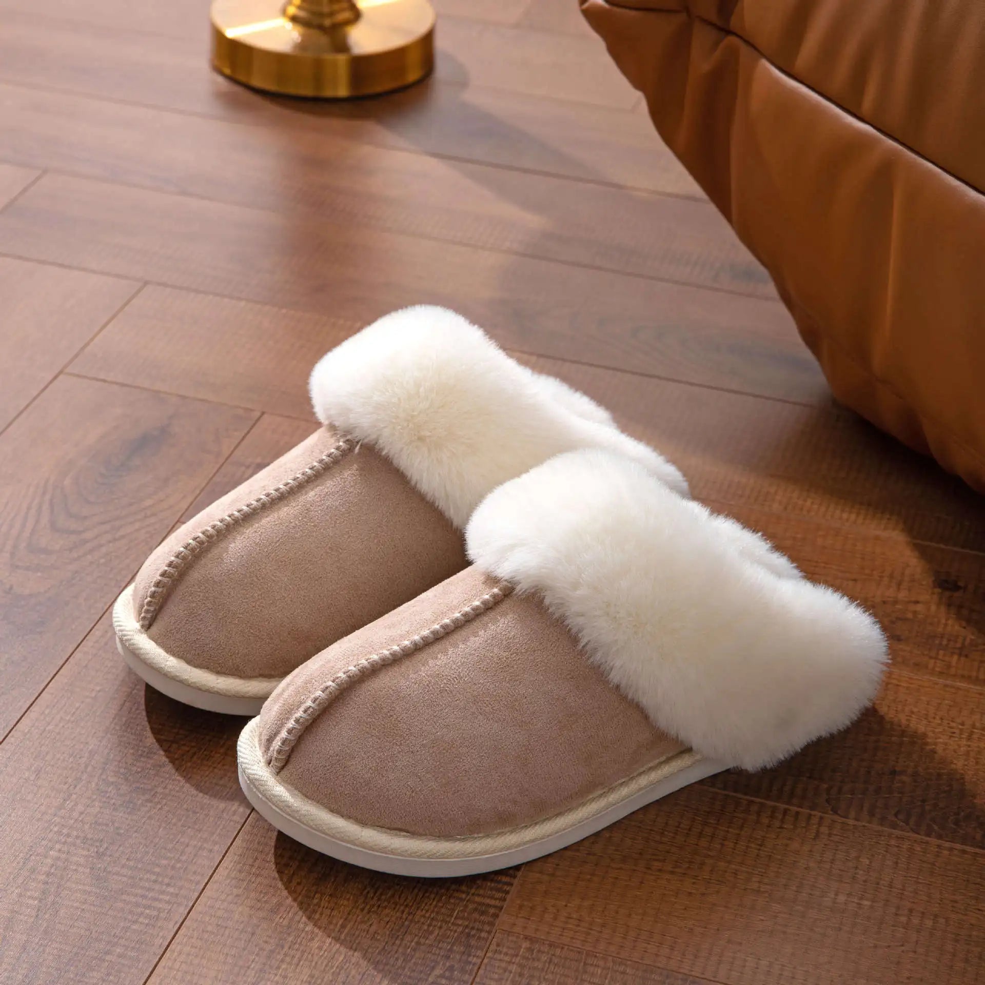Plush Warm Home Flat Slippers Lightweight Soft Comfortable Winter Slippers Women's Cotton Shoes Indoor Plush Slippers Khaki