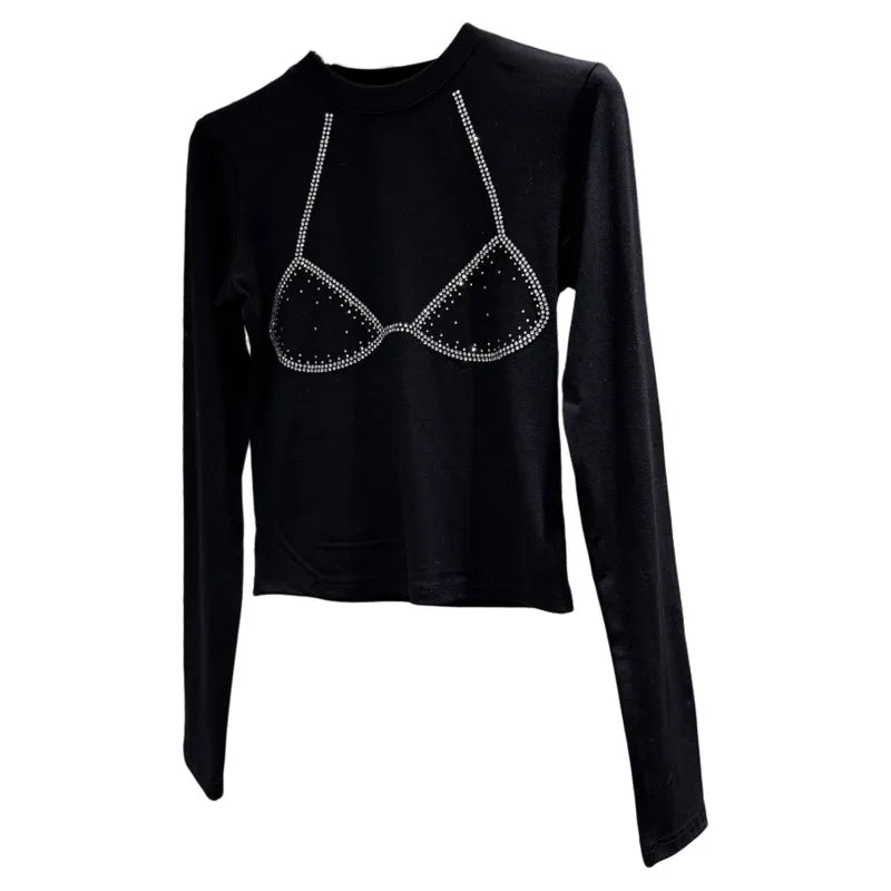 Winter New Niche Fashion Hot Drill Bikini Pattern Long Sleeve Cotton T-Shirt For Women Slim Fit Top Female 11A07493