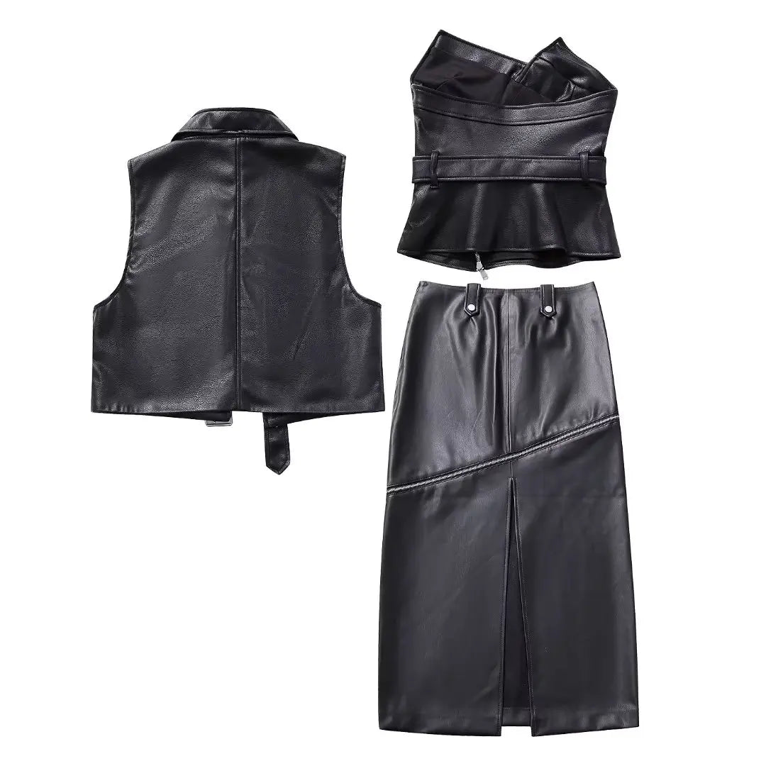 Women New Fashion Strip decoration Cropped Locomotive style Faux leather Vest Vintage sleeveless Female Waistcoat Chic Tops