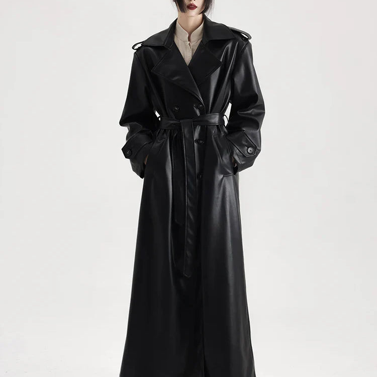 Spring Autumn Extra Long Black Soft Pu Leather Trench Coat for Women Double Breasted Loose Casual Korean Fashion 2024