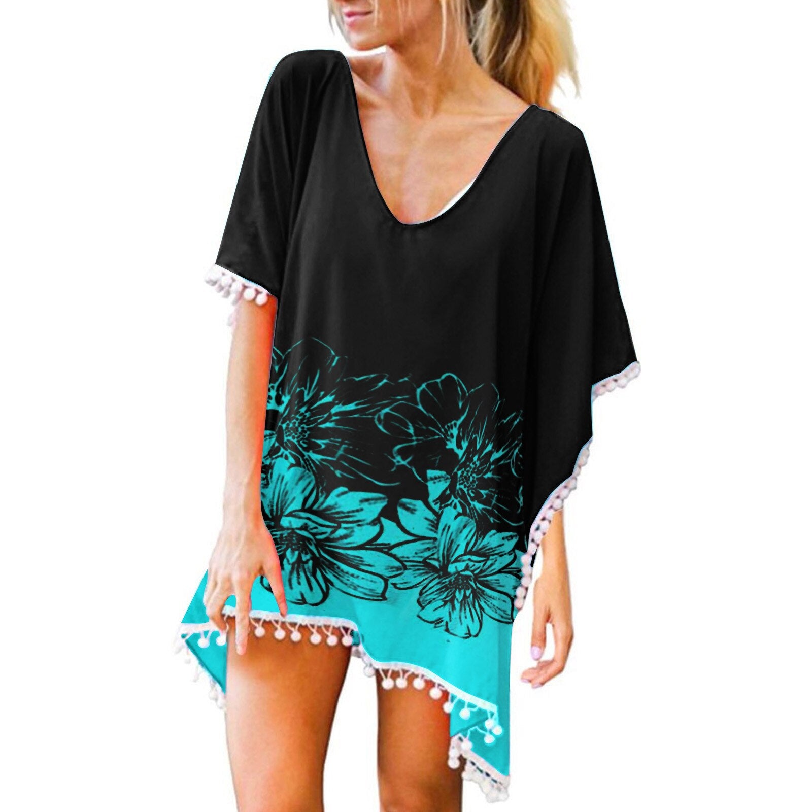 Swimsuit Dress Trim Kaftan Chiffon Tassels Swimwear Beach Dress Loose Bikini Cover Up Tops Bathing Suit Sexy Pareo Black