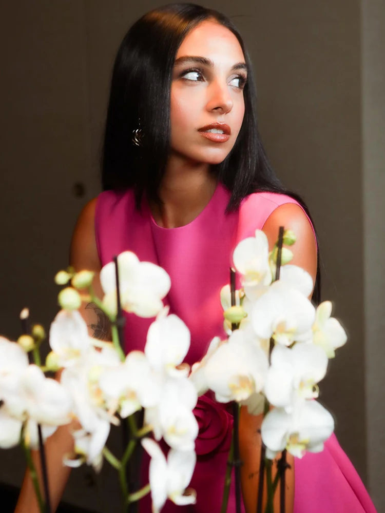 Women' Birthday Party Dress Sweet Sexy Waist Hollow Out 3D Flower Hot Pink Bandage Stretch A-Line Mini Dress