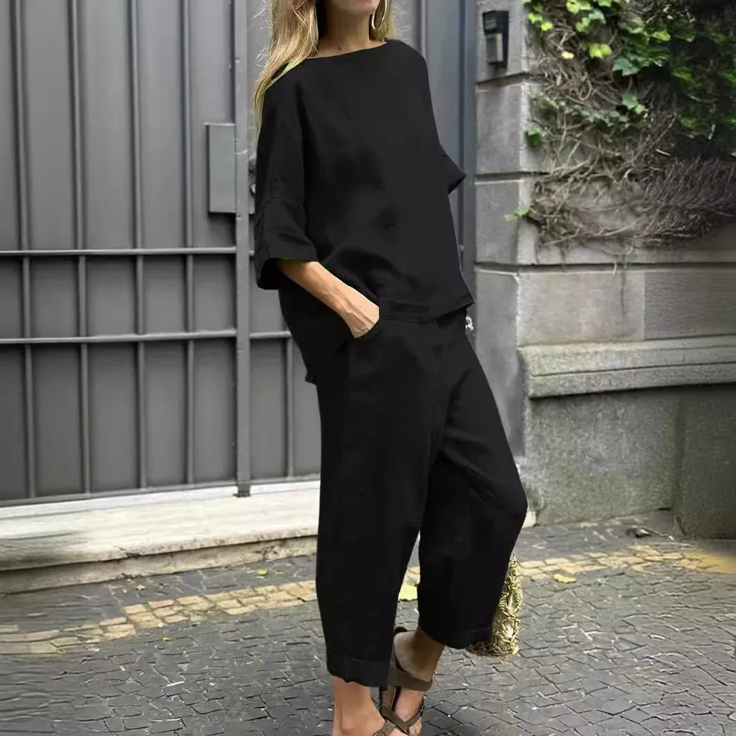 Summer Fashion New Style Matching Series Round Neck Cotton Linen Top High Waist Wide Leg Long Pants Set Plus Size Women's Wear black