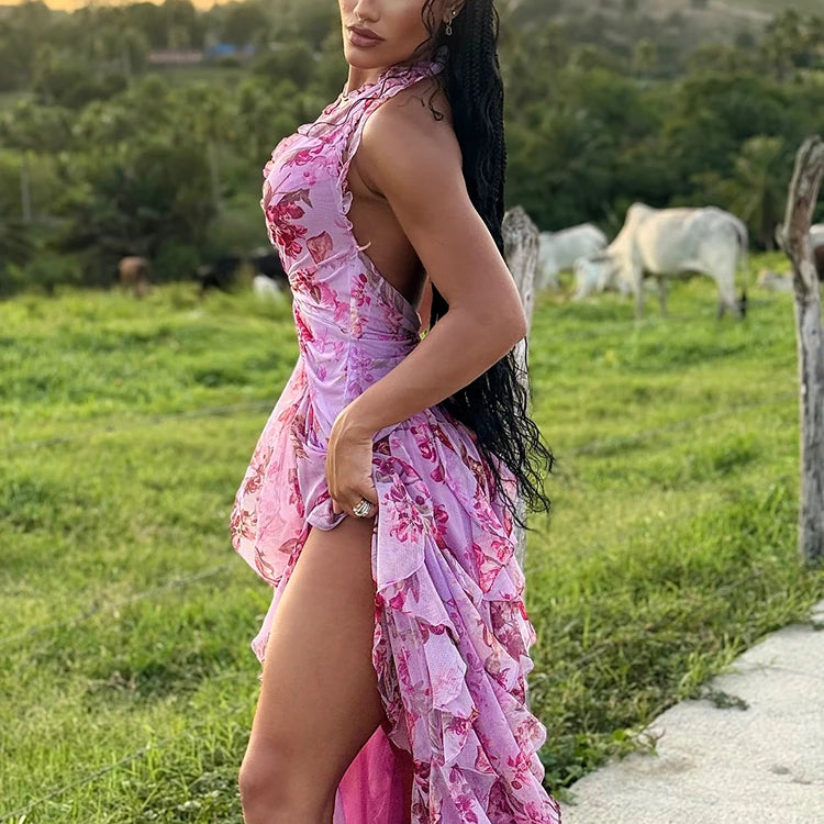 Elegant Pink Floral Halter-Style Ruffled Dress with Side Slit for High-Profile Outdoor Occasions Evening Gown