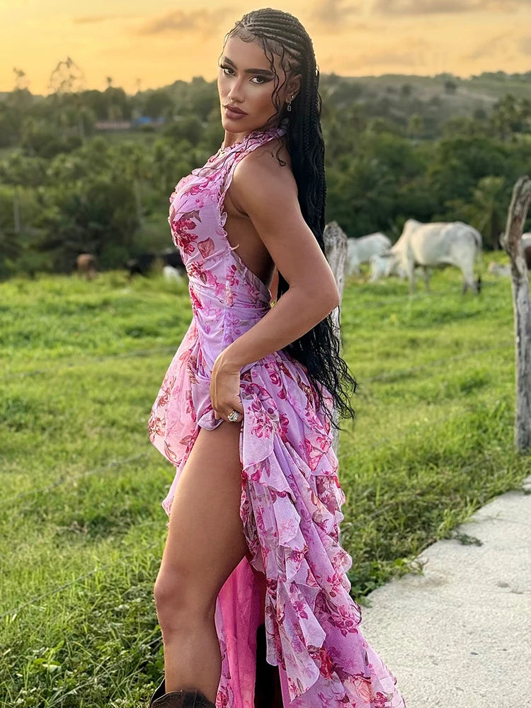 Elegant Pink Floral Halter-Style Ruffled Dress with Side Slit for High-Profile Outdoor Occasions Evening Gown