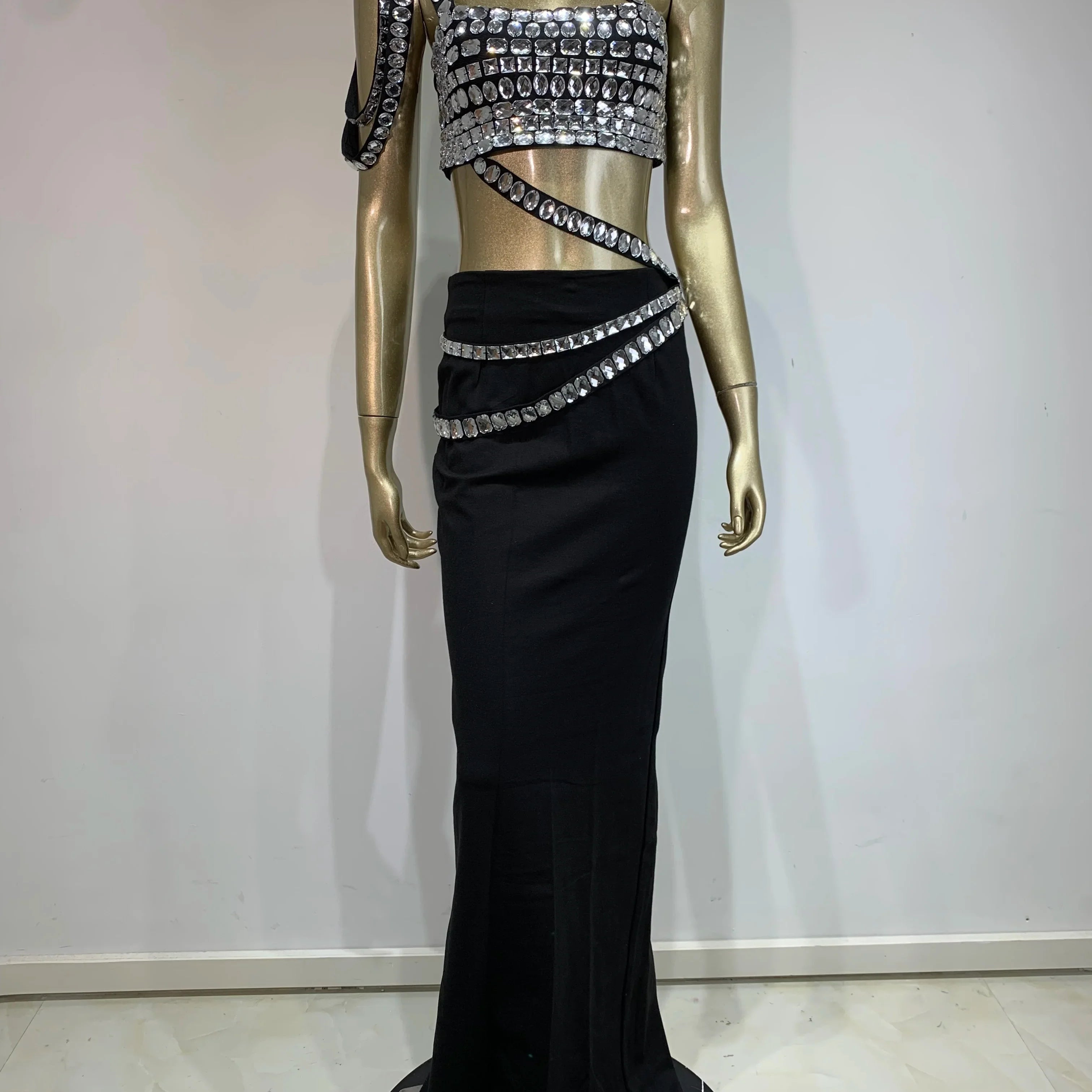 Women Summer Celebrity Sexy Beading Split Maxi Long Black Bandage Skirt Set Knitted Elegant Evening Club Party Clothing