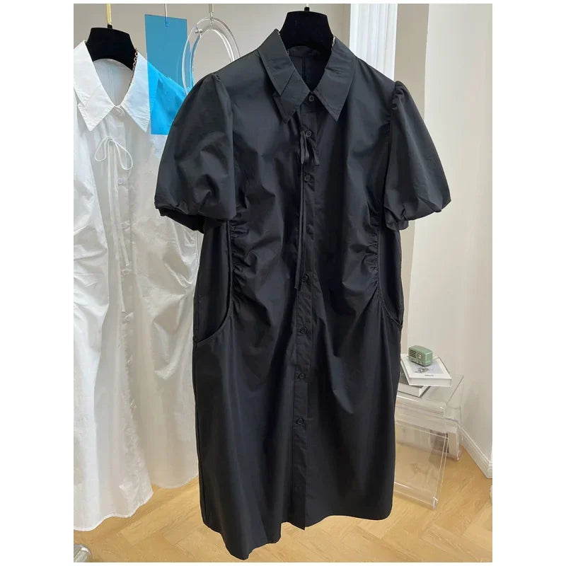 Loose Drawstring White Lantern Short Sleeve Shirt Dress Vestidos Elegantes Para Mujer Maxi Single Breasted Women es black