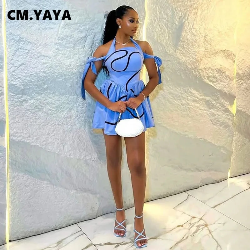 CM.YAYA Summer Women Bowknot Shoulder Halter Neck Geometric Striped Big Swing Dress Streetwear Night Club Party Dresses Vestidos