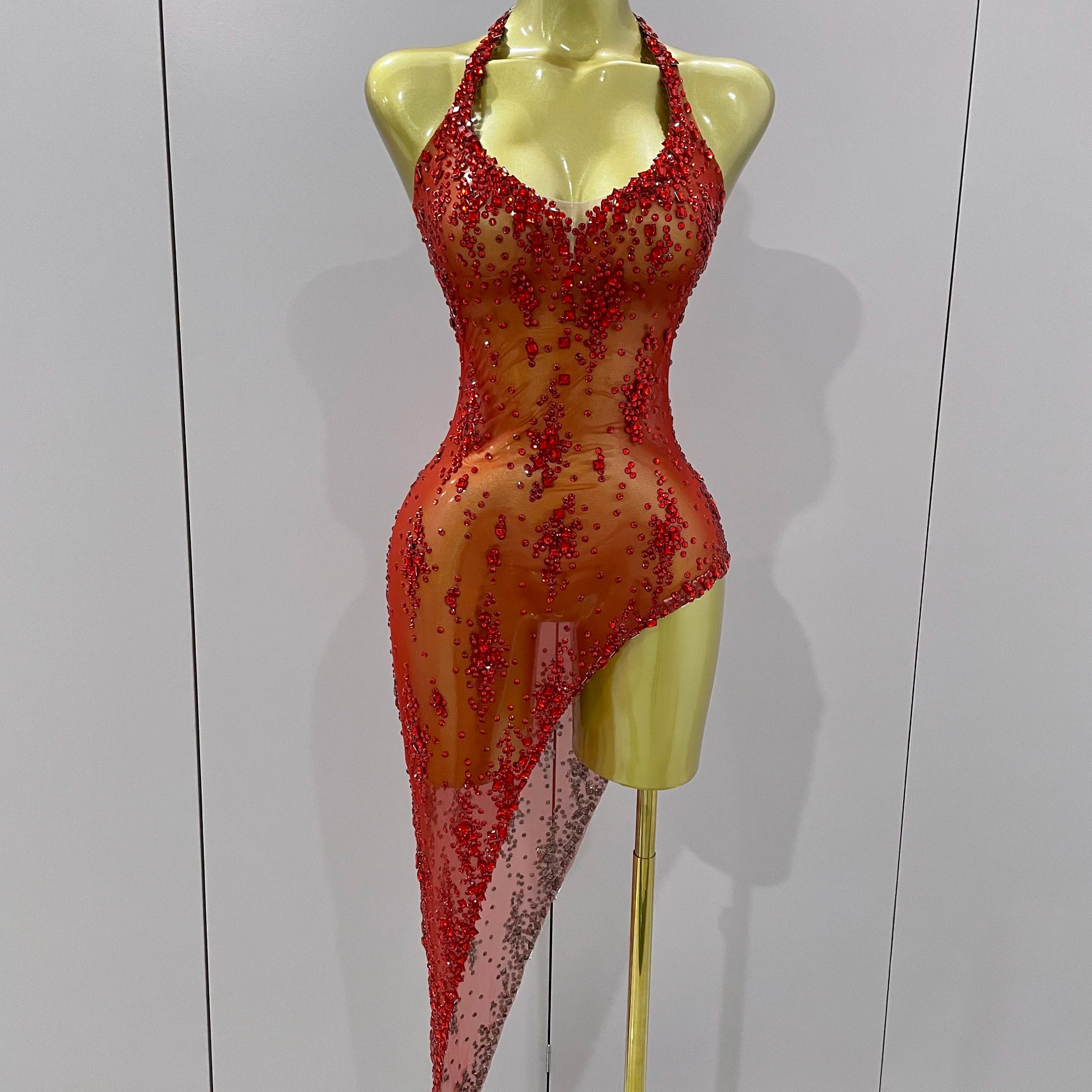 2025 New Sparkly Rhinestone V Neck Stretch Mesh Sexy See Through Dress Women Elegant Party Celebrate Perform Costume Stage Outfi Red