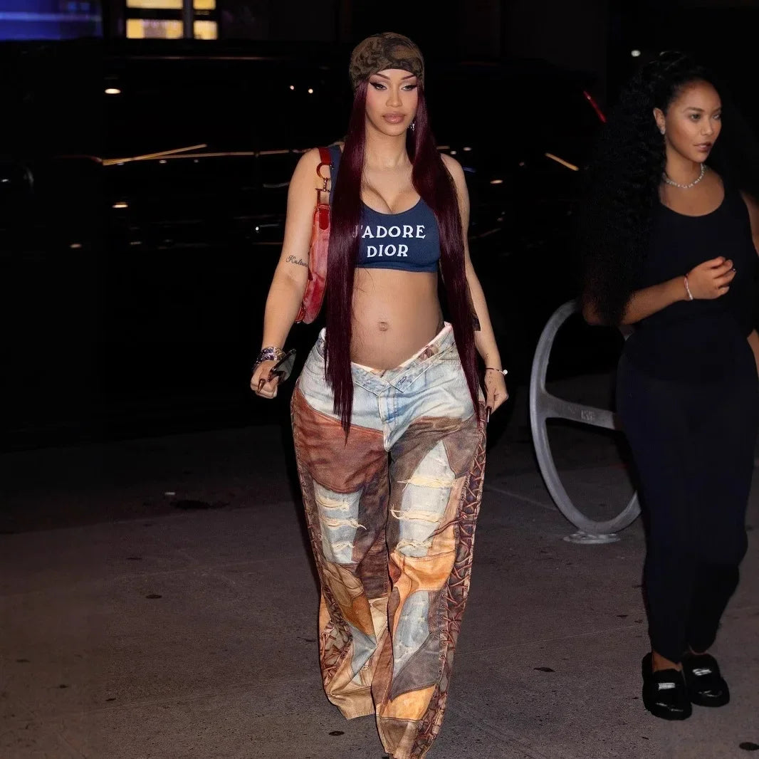 Fashion Women Fake Denim 3D Print Loose Wide Leg Jogger Pants 2025 Streetwear Casual Active Hip Hop Sweatpants Trousers Color1