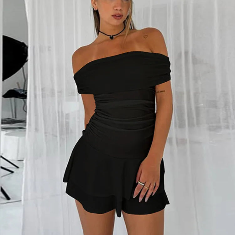 Off-shoulder Strapless Sexy Mini Dress For Women Robe Elegant Sleeveless Backless Ruched Skinny Club Party Dress Black