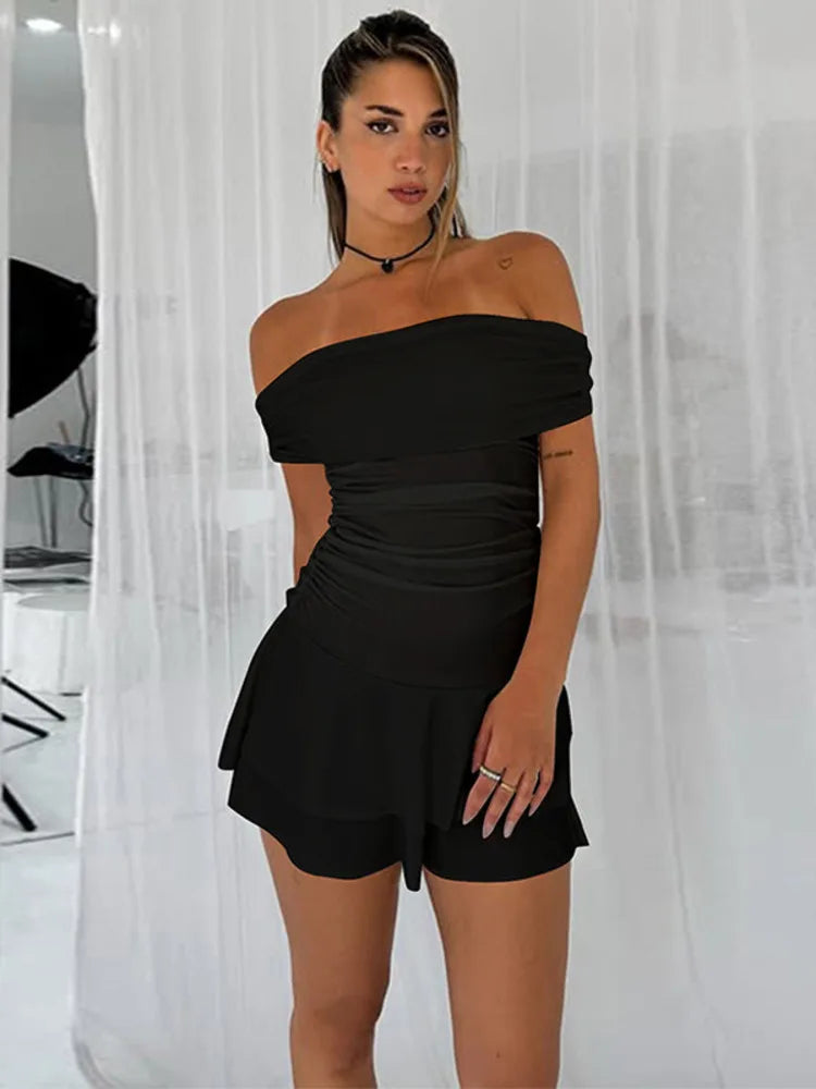 Off-shoulder Strapless Sexy Mini Dress For Women Robe Elegant Sleeveless Backless Ruched Skinny Club Party Dress Black