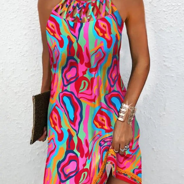Fashion Women's Straight Dress 2023 Summer Vacation New Multicolor Abstract Print Hollow Casual Mini Sleeveless Dress Female B