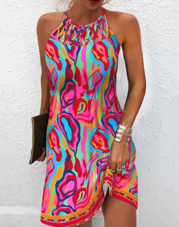 Fashion Women's Straight Dress 2023 Summer Vacation New Multicolor Abstract Print Hollow Casual Mini Sleeveless Dress Female B