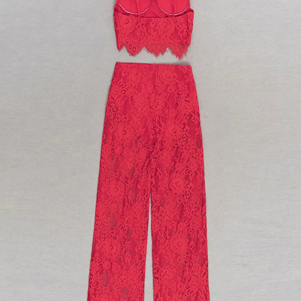 2025 Sexy Women'S Lace Pants Set Spaghetti Strap Sleeveless Backless Ultra Short Vest+Straight Leg Pants Two-Piece Set