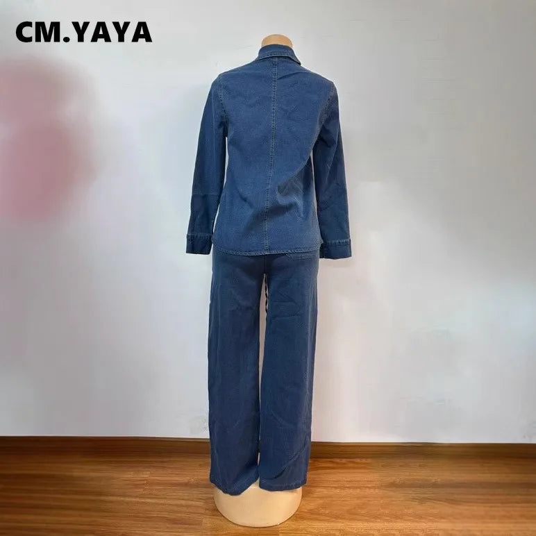 Fashion Women's Set Long Sleeve Washed Denim Tops Shirts + Wide Leg Pants Suit 2025 Spring Street Two 2 Piece Set Outfit