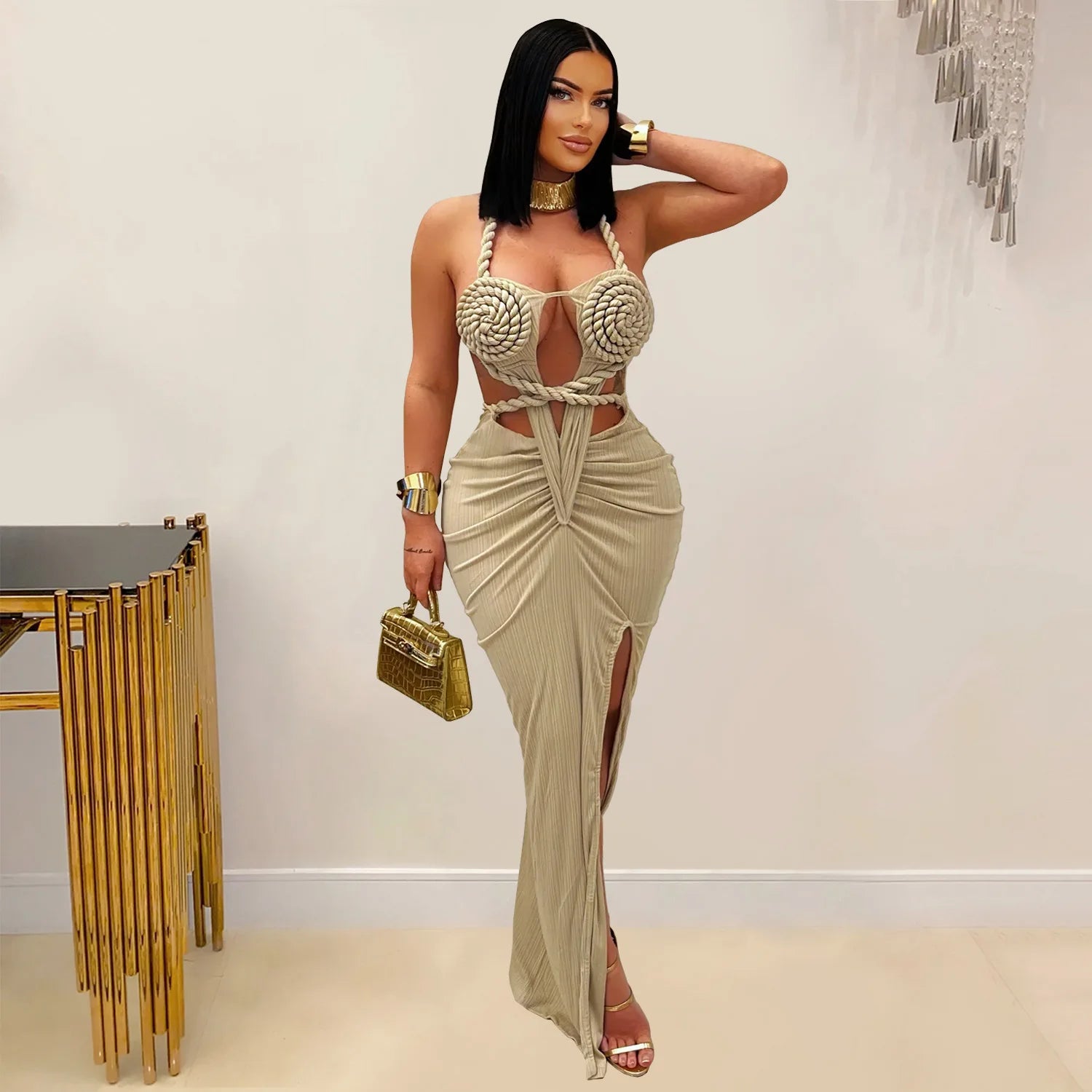 Women Hemp Rope Halter Neck Stacked Ruched High Split Knit Bodycon Midi Maxi Long Dress 2025 Birthday Sexy Party Dresses Khaki