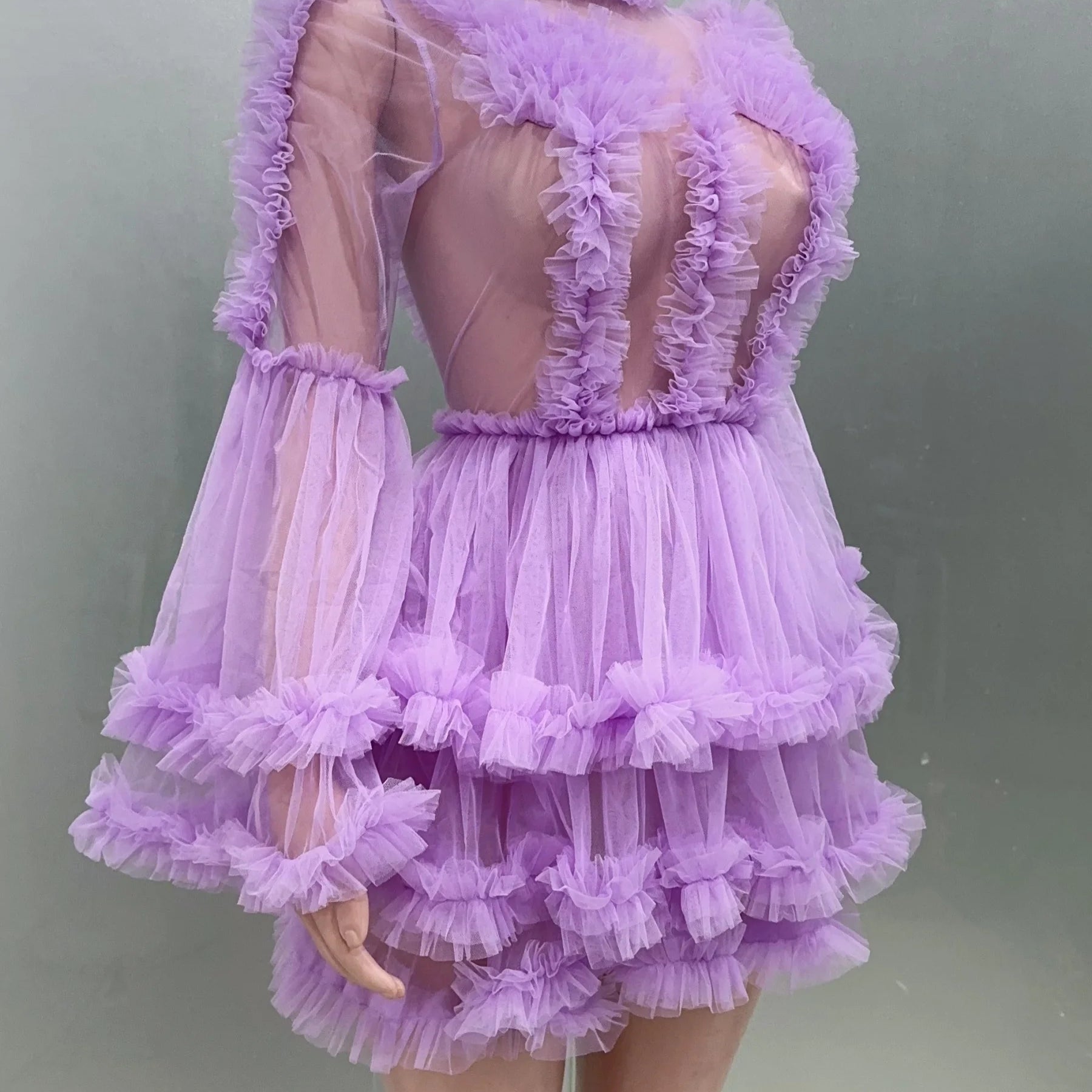 Purple Color Women Sexy Puff Sleeve Mesh Ruffles Mini Dress Birthday Celebrate Party Girls' Photo Shoot Wear Vestido