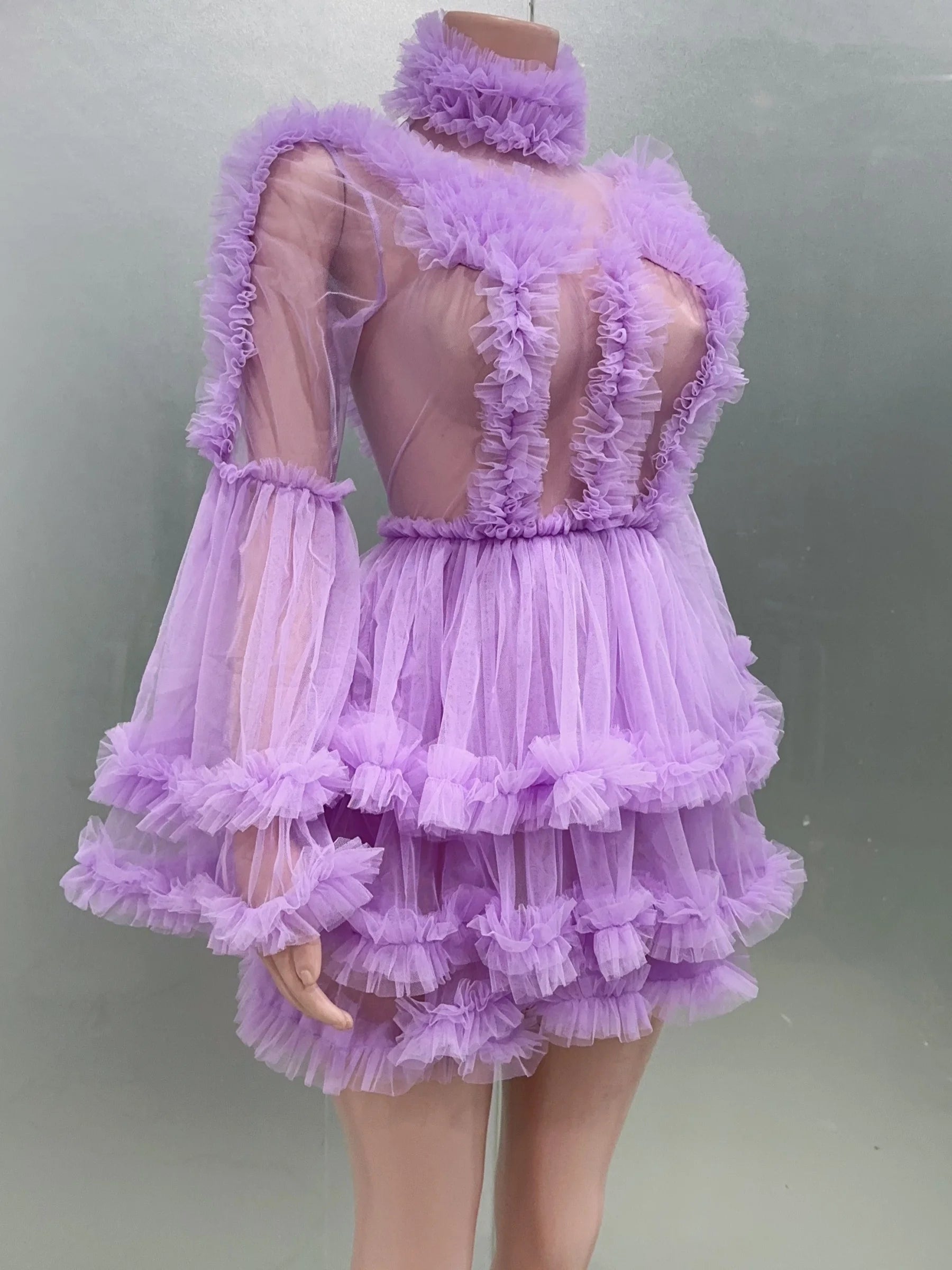 Purple Color Women Sexy Puff Sleeve Mesh Ruffles Mini Dress Birthday Celebrate Party Girls' Photo Shoot Wear Vestido