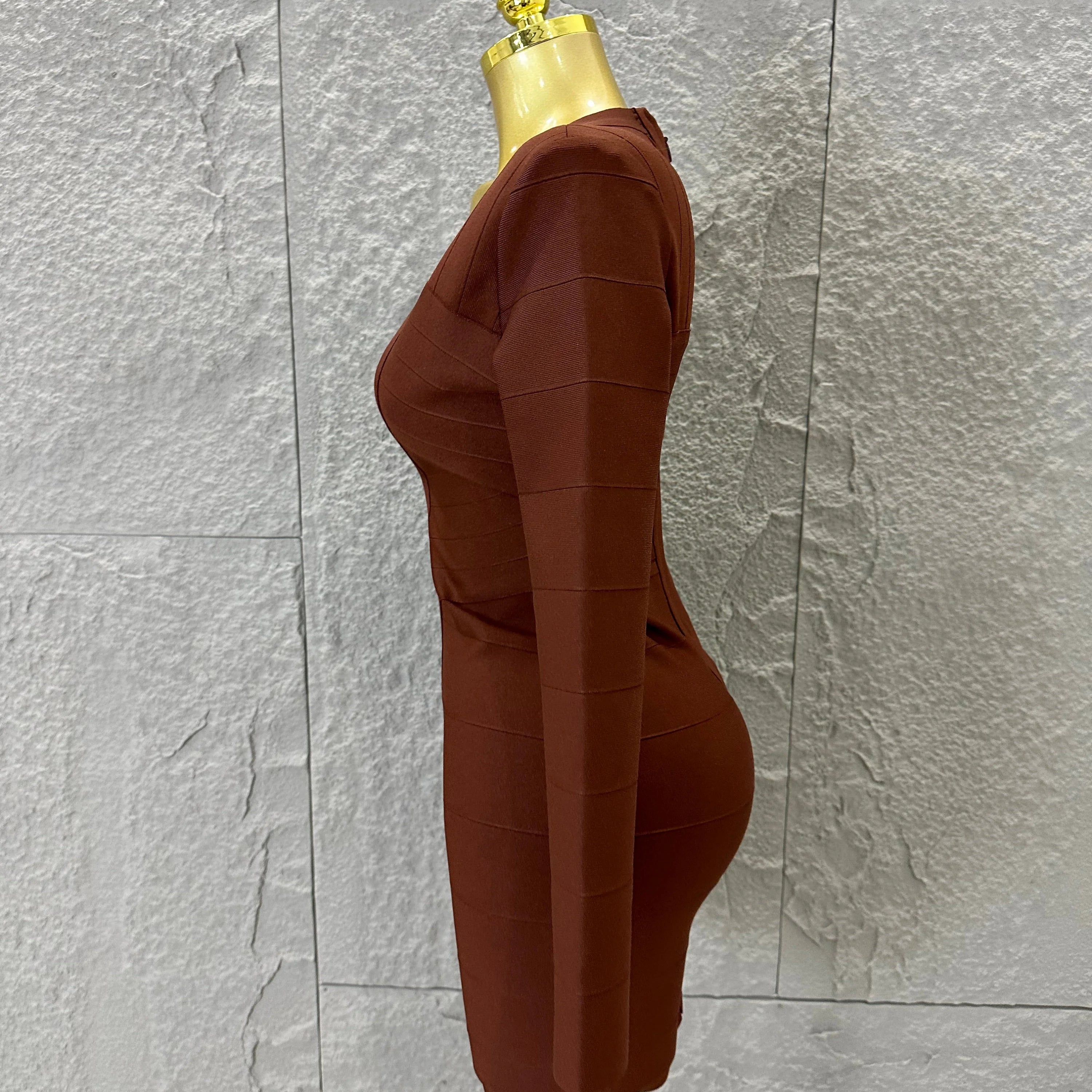 Women Elegant Brown Long Sleeve Mini Dress Women Sexy Deep V Neck Bandage Nightclub Evening Party Cocktail Party Dress