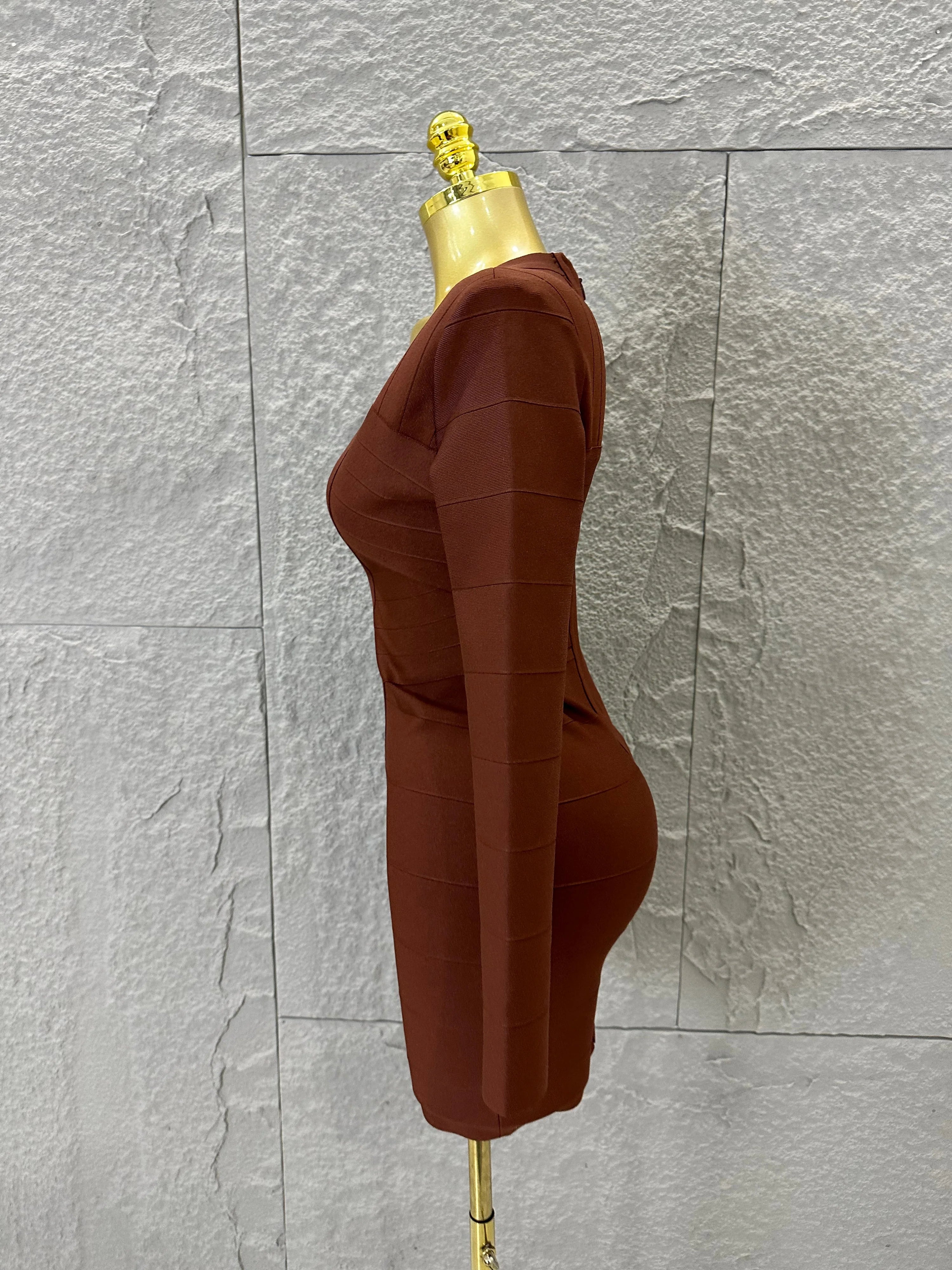 Women Elegant Brown Long Sleeve Mini Dress Women Sexy Deep V Neck Bandage Nightclub Evening Party Cocktail Party Dress
