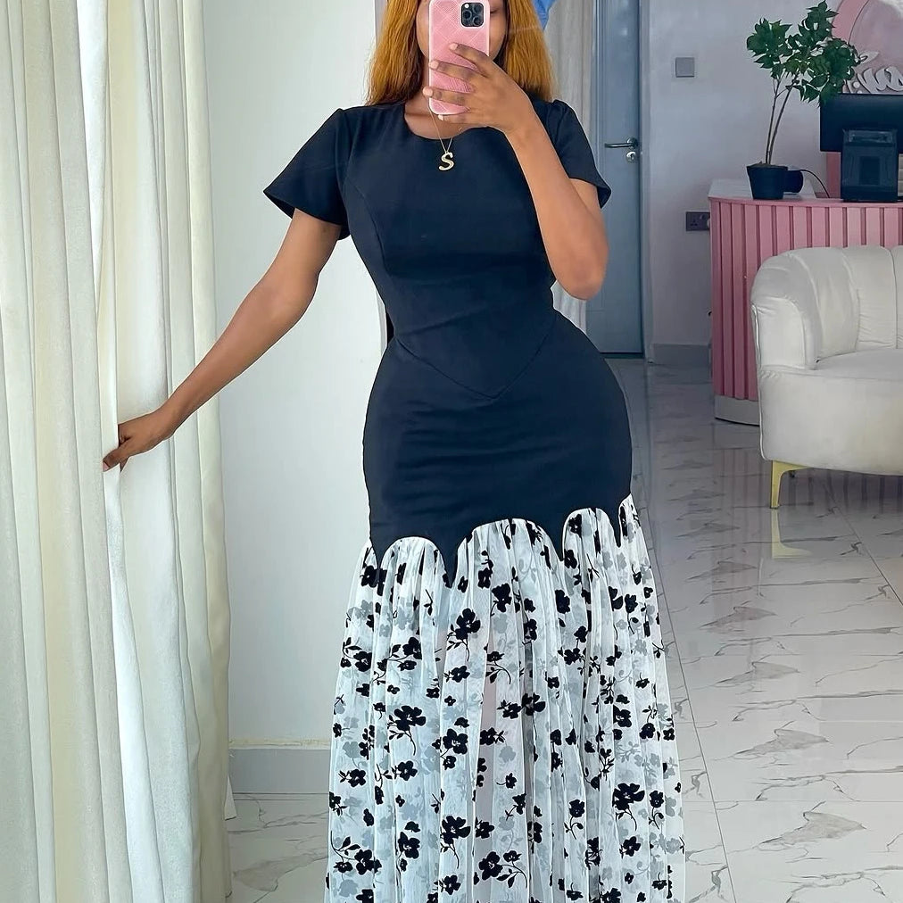 CM.YAYA Women Short Sleeve O-neck Mesh Floral Printed Long Maxi Bodycon Mermaid Dress 2025 Birthday Night Party Vestidos Dresses