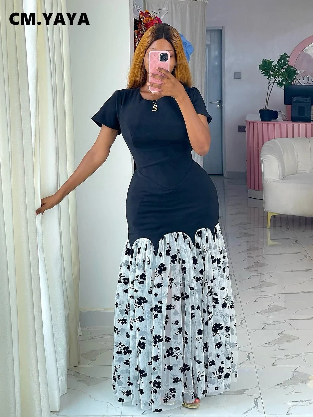 CM.YAYA Women Short Sleeve O-neck Mesh Floral Printed Long Maxi Bodycon Mermaid Dress 2025 Birthday Night Party Vestidos Dresses