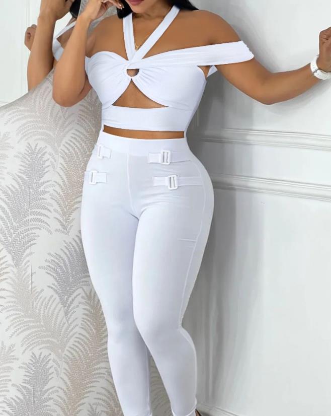 Sexy Night Out Jumpsuit for Women 2024 Summer New Sleeveless Plunge Hollow Out Halter Buckled Contrast Mesh Lady Skinny Jumpsuit H