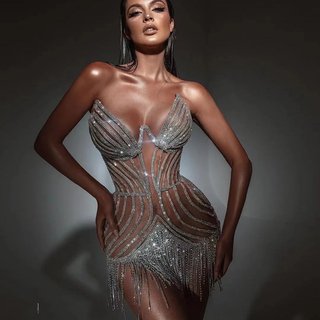 Luxury Shining Diamonds Tassel Strapless Mini Dress Celebrity Birthday Party Evening Dress Stage Performance Costume