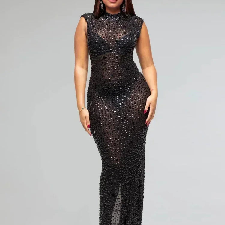 CM.YAYA 2024 Fall Diamonds Hot Rhinestones O-neck Women Sleeveless Bodycon Long Dress Birthday Party Evening Prom Maxi Dresses